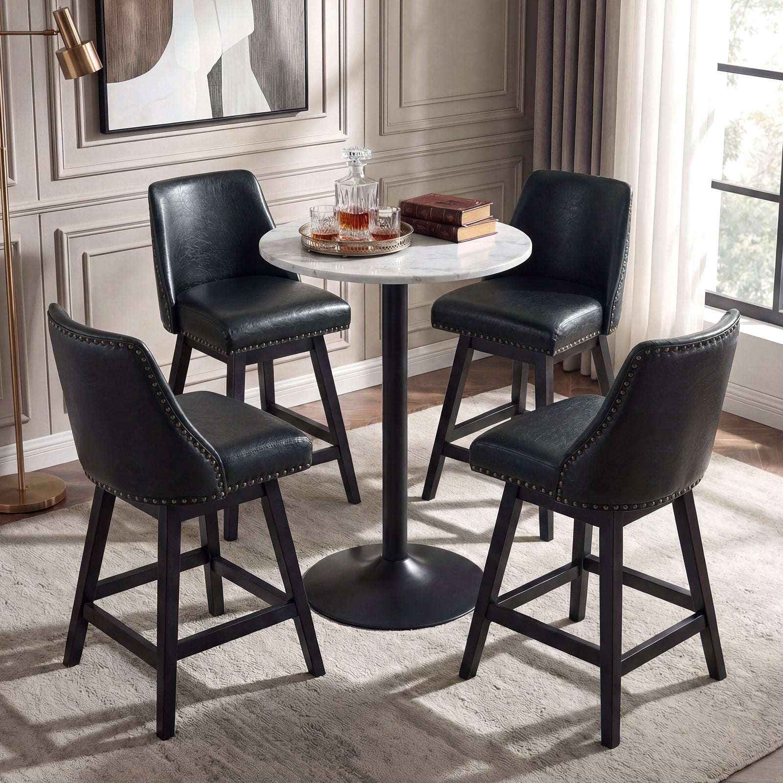 Drlovely Modern 360° Swivel Bar Stools with Faux Leather Upholstery
