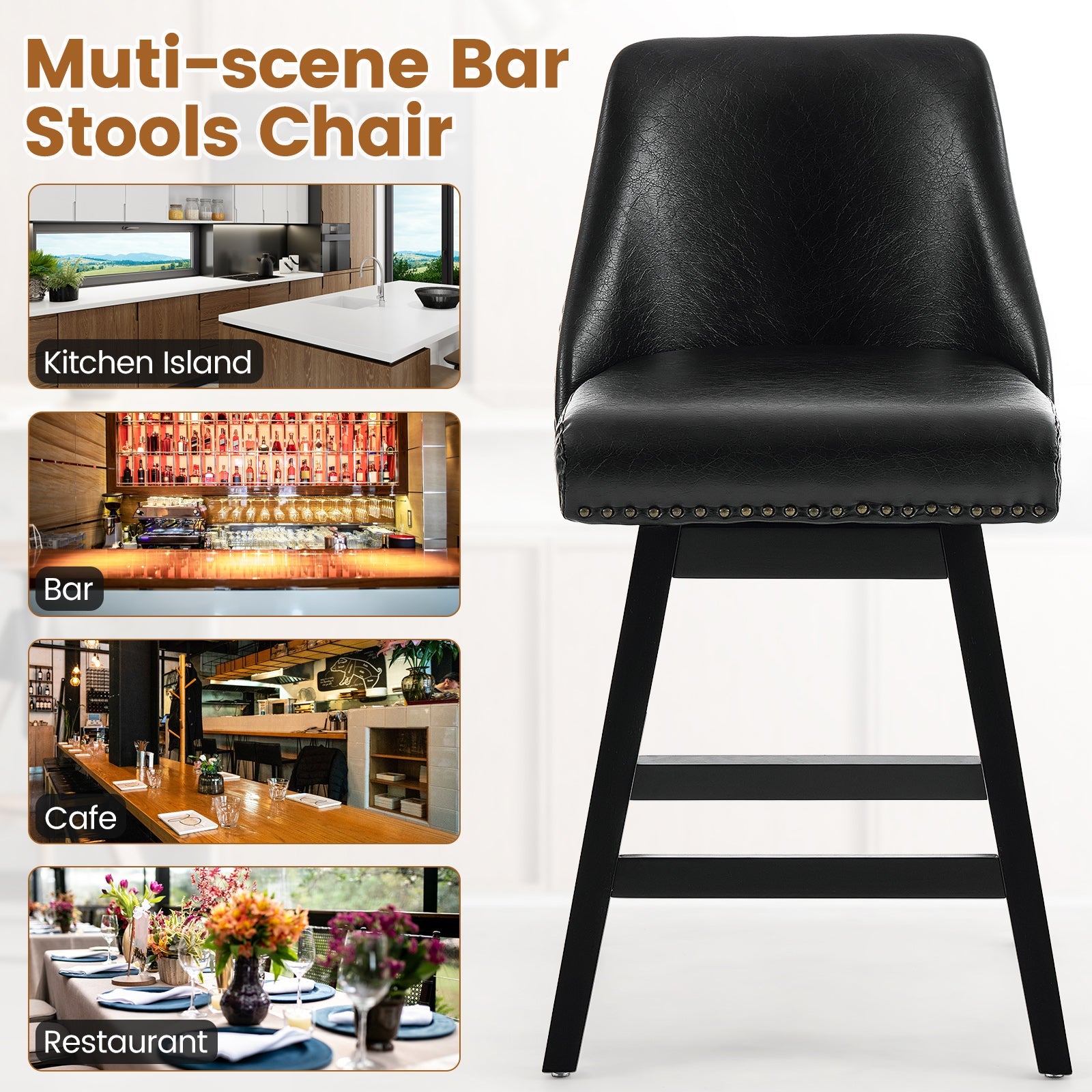 Drlovely Modern 360° Swivel Bar Stools with Faux Leather Upholstery
