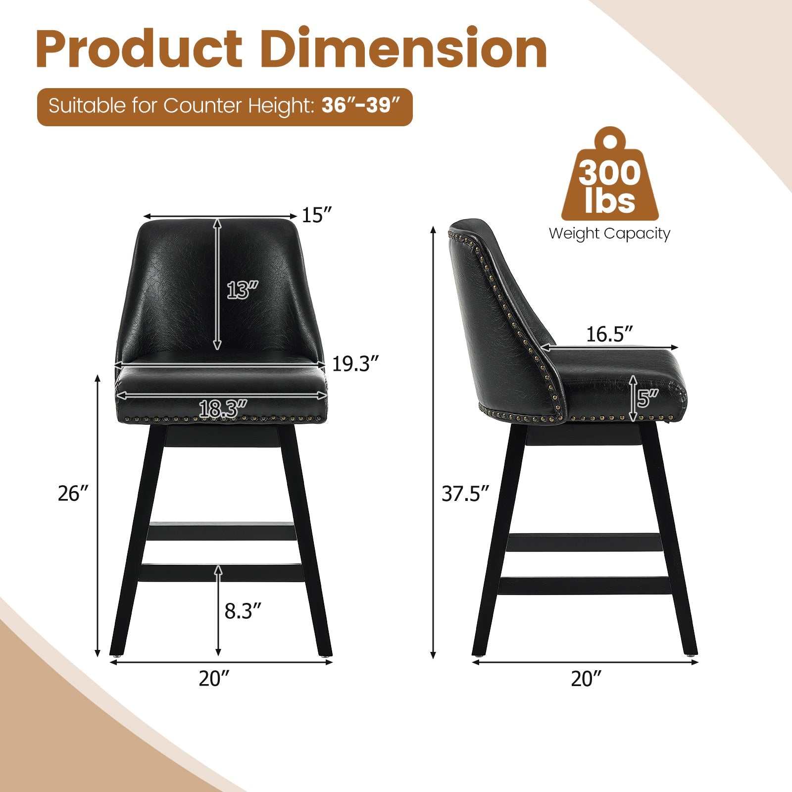 Drlovely Modern 360° Swivel Bar Stools with Faux Leather Upholstery