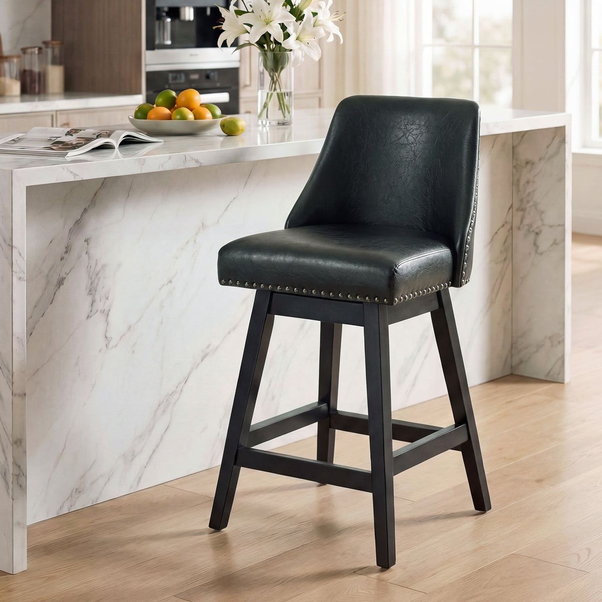 Drlovely Modern 360° Swivel Bar Stools with Faux Leather Upholstery