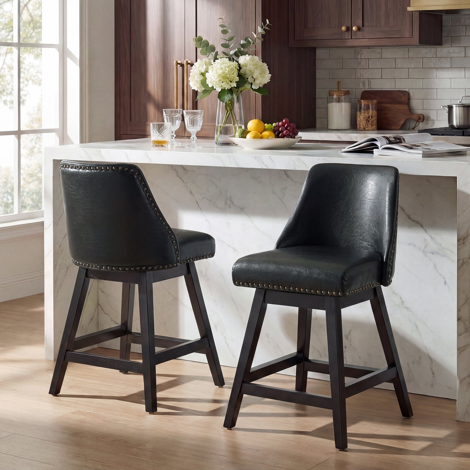 Drlovely Modern 360° Swivel Bar Stools with Faux Leather Upholstery