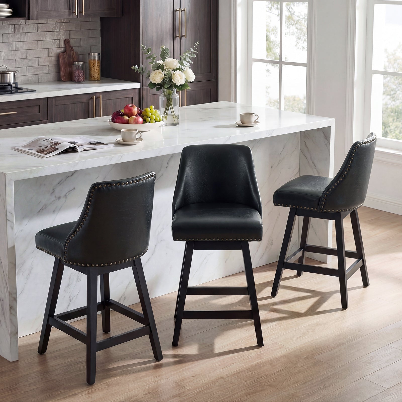 Drlovely Modern 360° Swivel Bar Stools with Faux Leather Upholstery