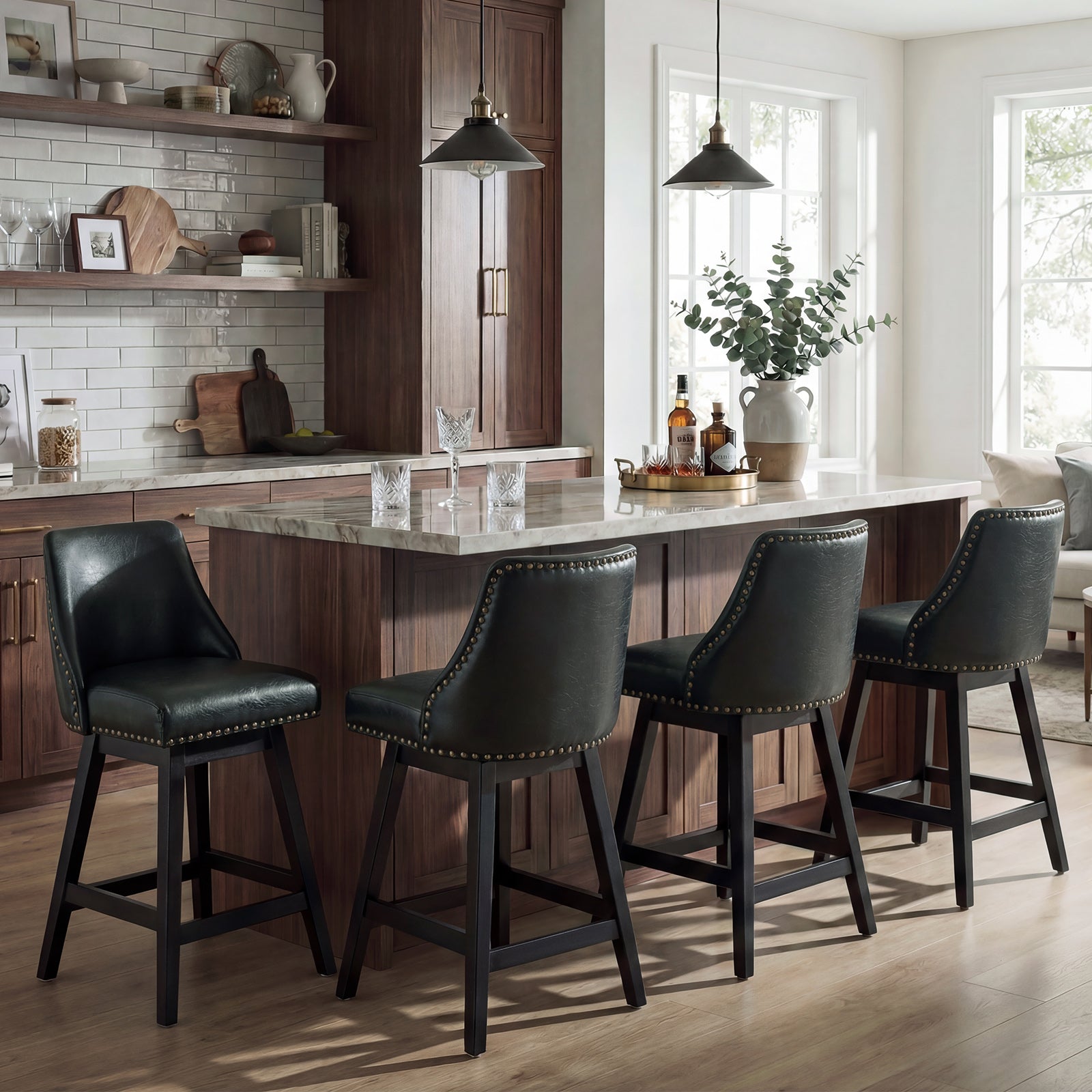 Drlovely Modern 360° Swivel Bar Stools with Faux Leather Upholstery