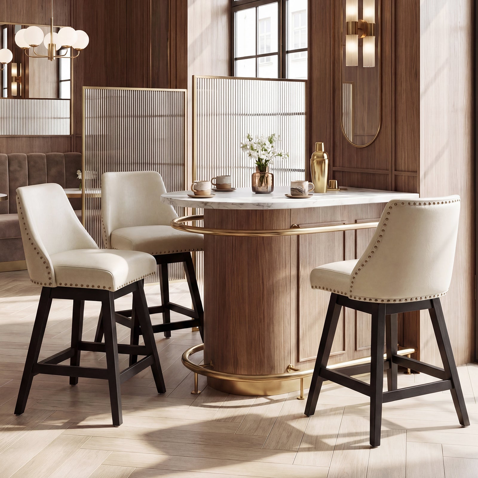 Drlovely Modern 360° Swivel Bar Stools with Faux Leather Upholstery