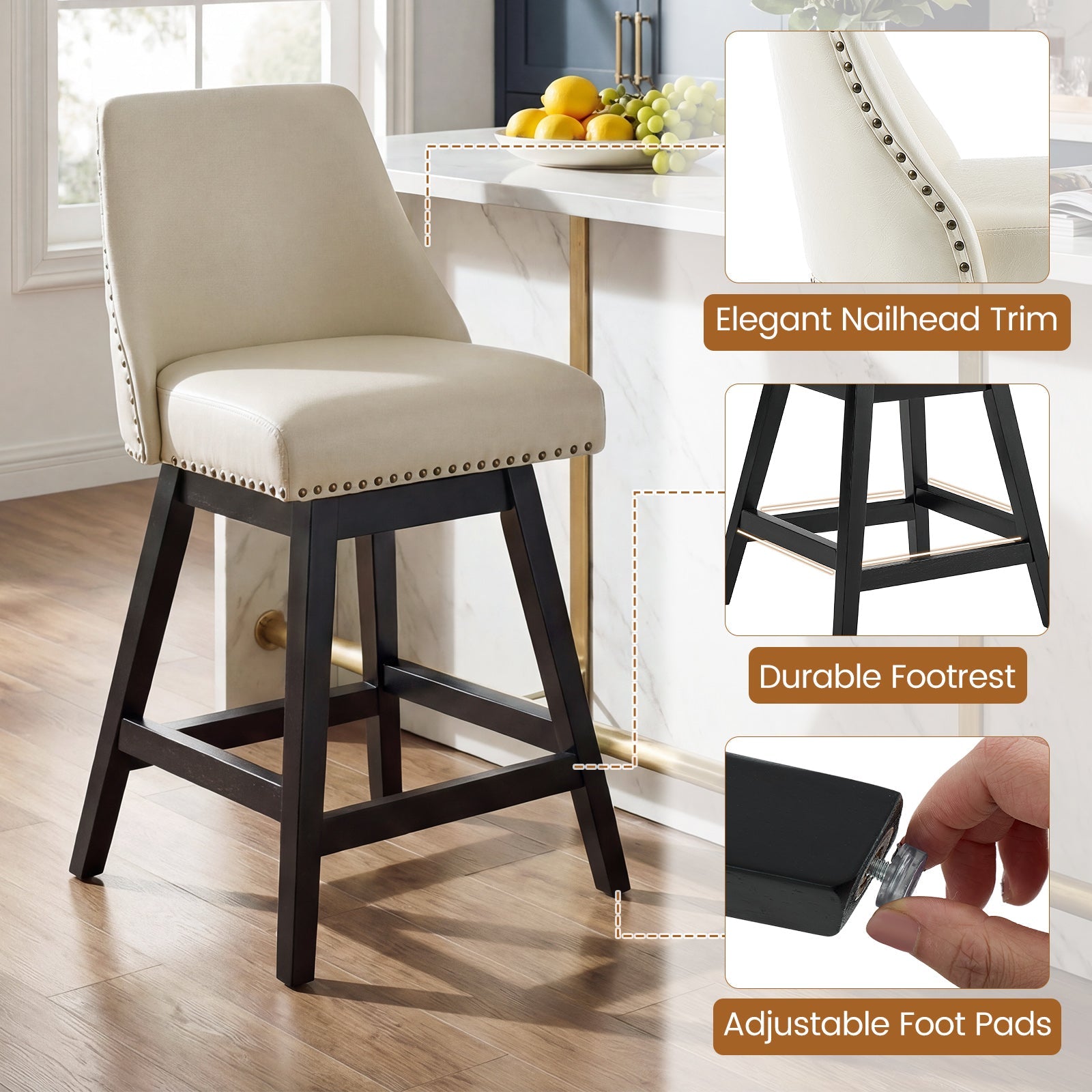 Drlovely Modern 360° Swivel Bar Stools with Faux Leather Upholstery