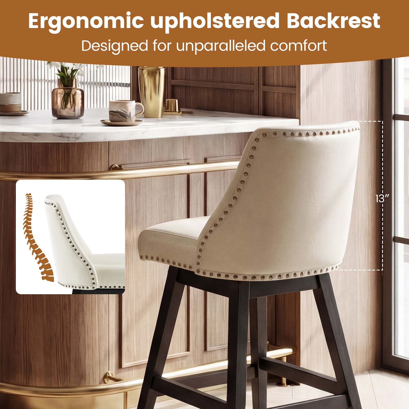 Drlovely Modern 360° Swivel Bar Stools with Faux Leather Upholstery