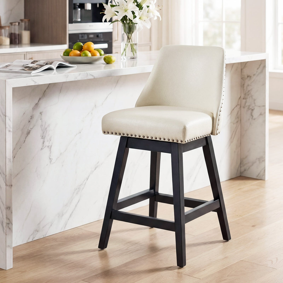 Drlovely Modern 360° Swivel Bar Stools with Faux Leather Upholstery