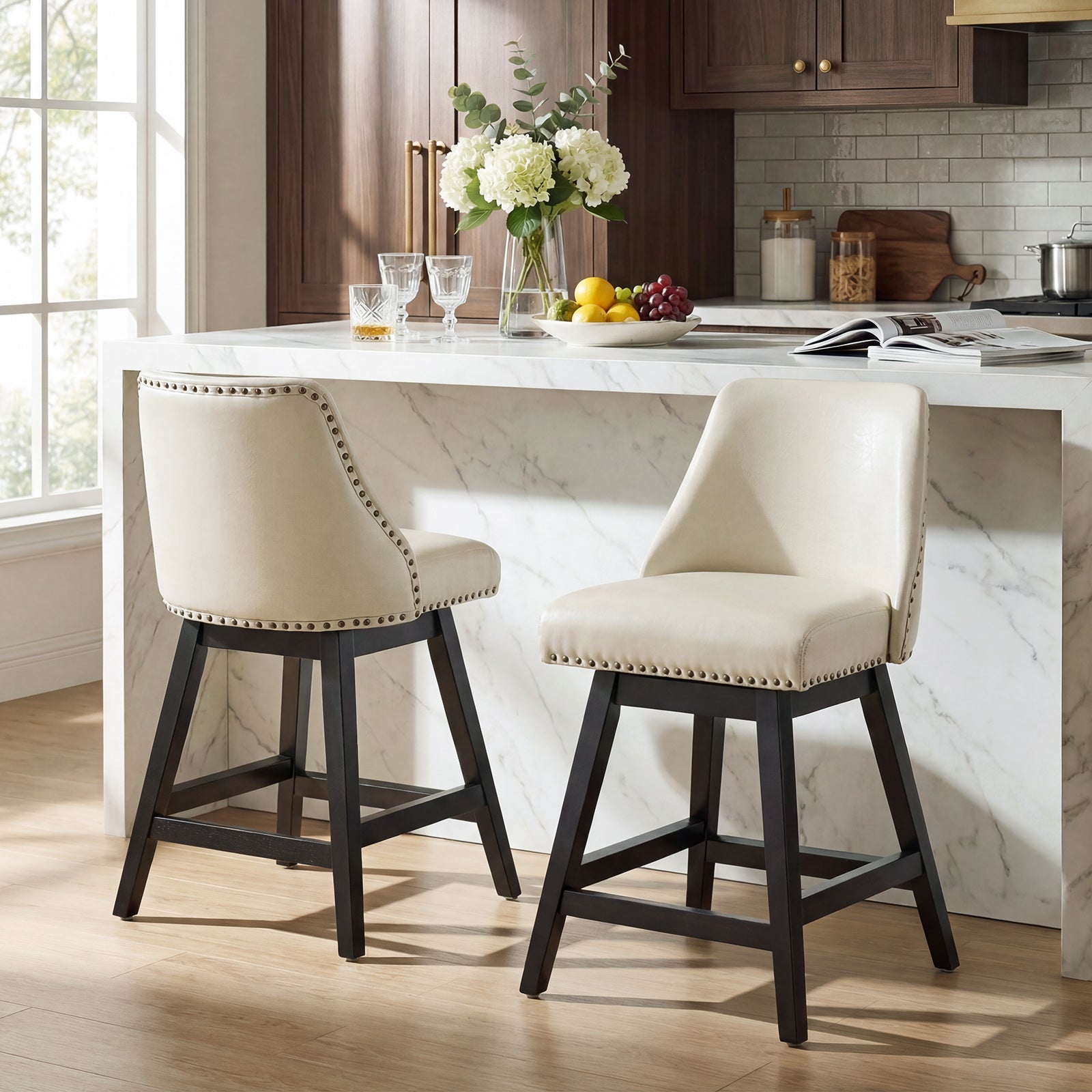 Drlovely Modern 360° Swivel Bar Stools with Faux Leather Upholstery