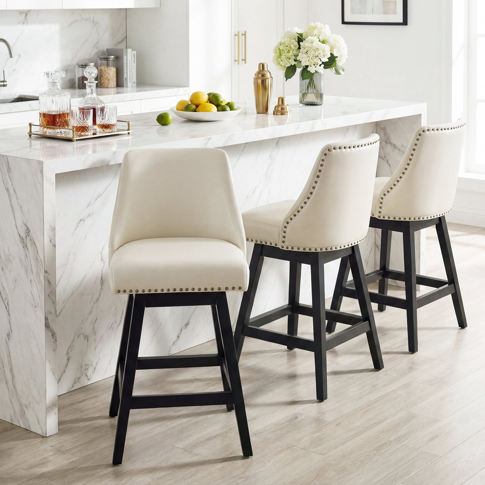 Drlovely Modern 360° Swivel Bar Stools with Faux Leather Upholstery
