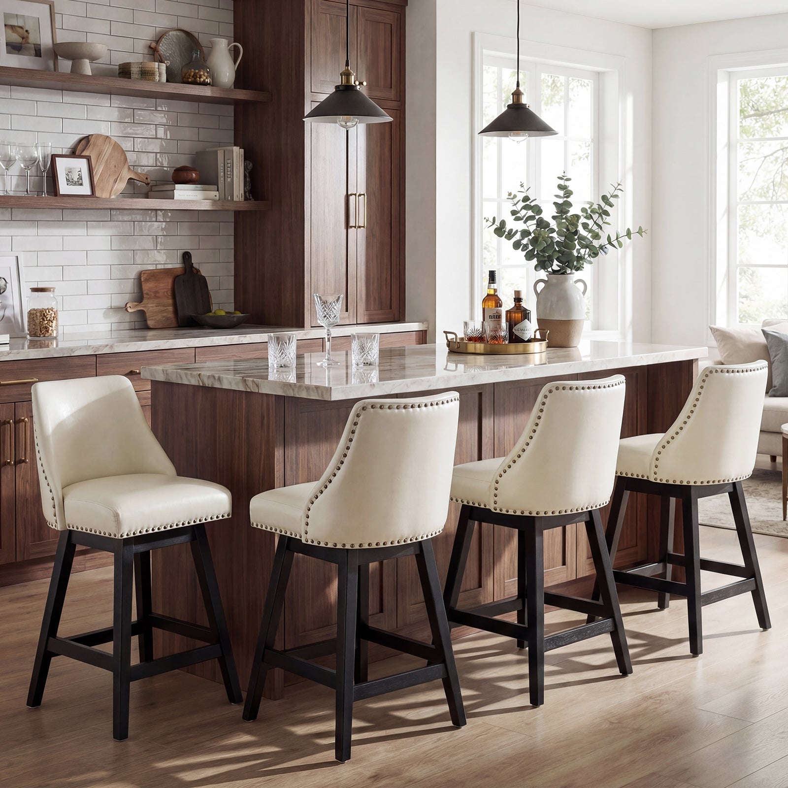 Drlovely Modern 360° Swivel Bar Stools with Faux Leather Upholstery