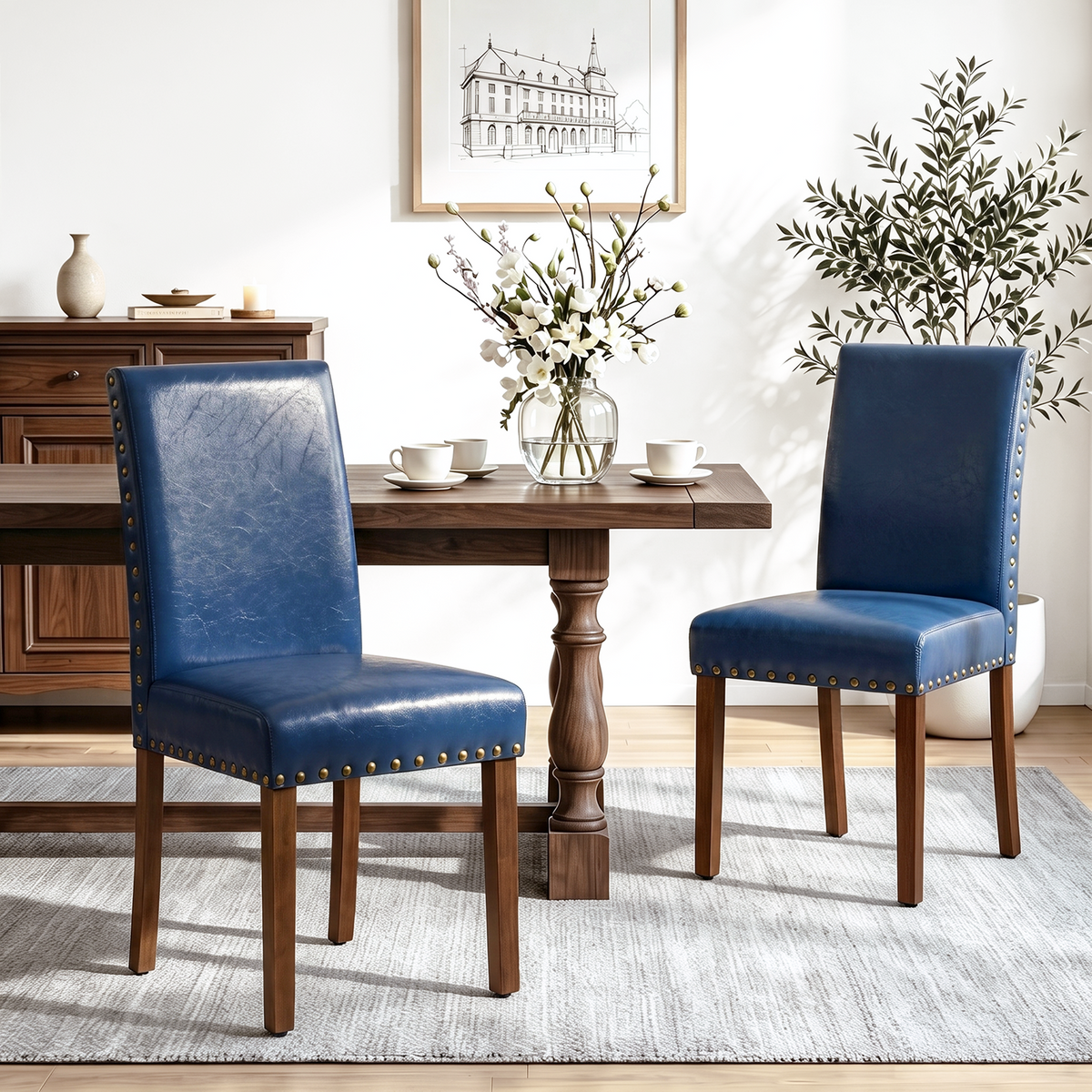 Drlovely Modern High-Back PU Leather Dining Chairs with Nailhead Trim & Walnut Legs