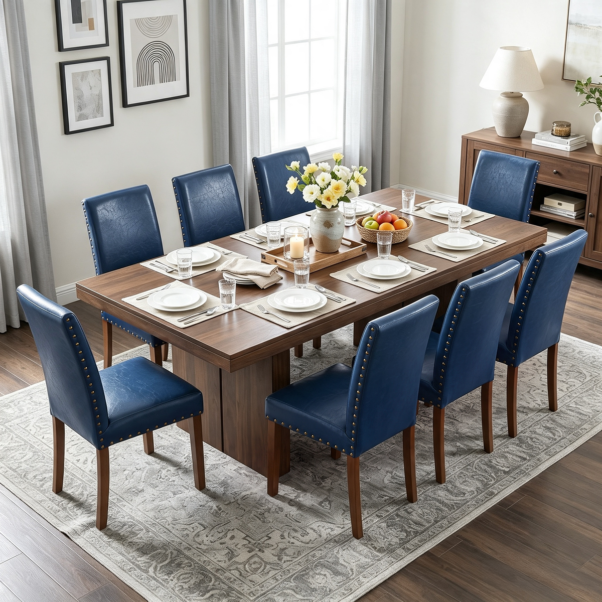 Drlovely Modern High-Back PU Leather Dining Chairs with Nailhead Trim & Walnut Legs