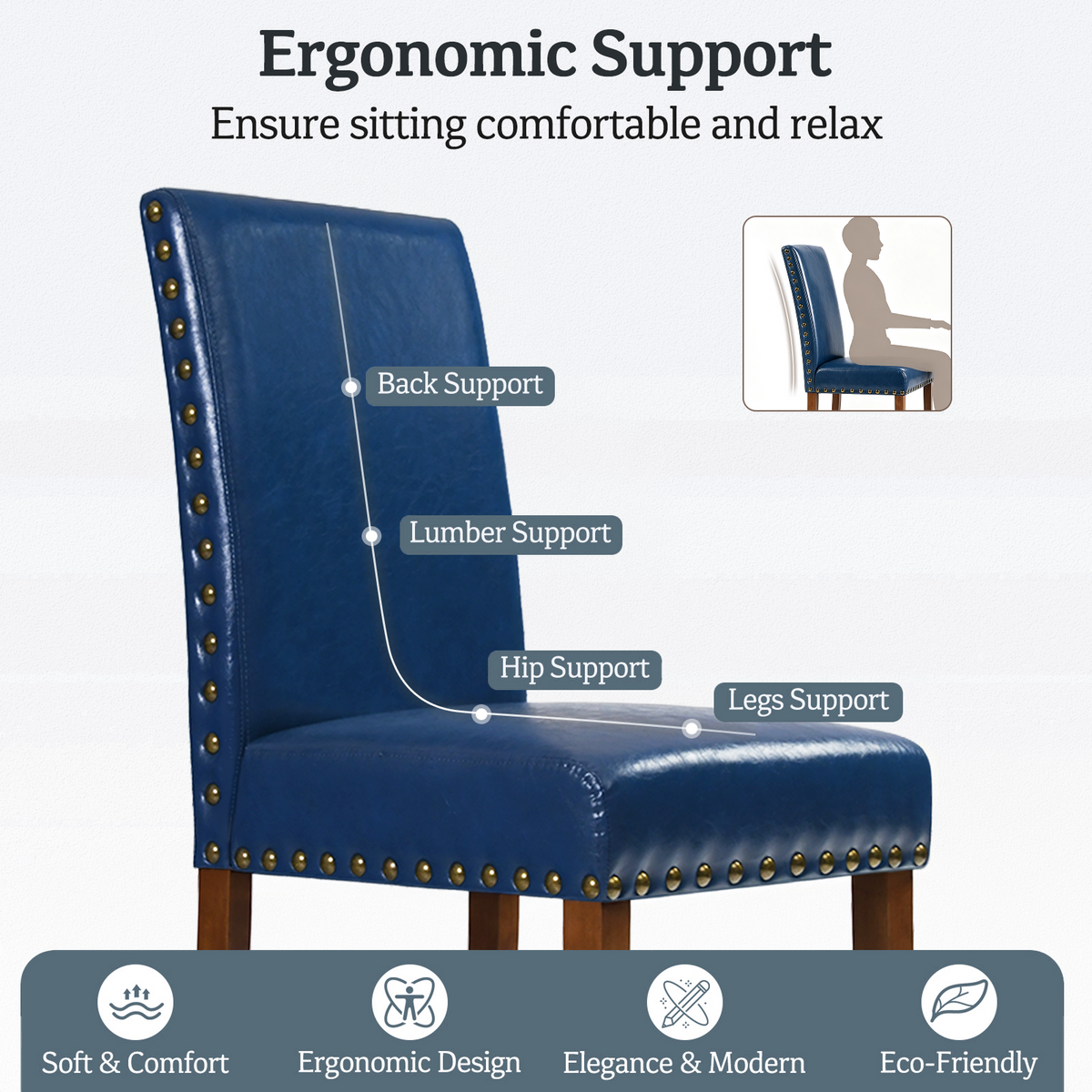 Drlovely Modern High-Back PU Leather Dining Chairs with Nailhead Trim & Walnut Legs