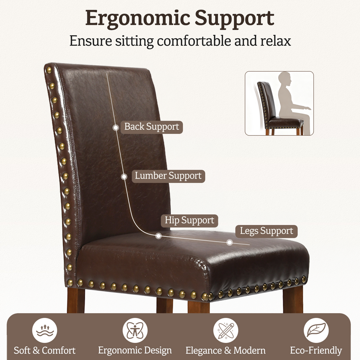 Drlovely Modern High-Back PU Leather Dining Chairs with Nailhead Trim & Walnut Legs
