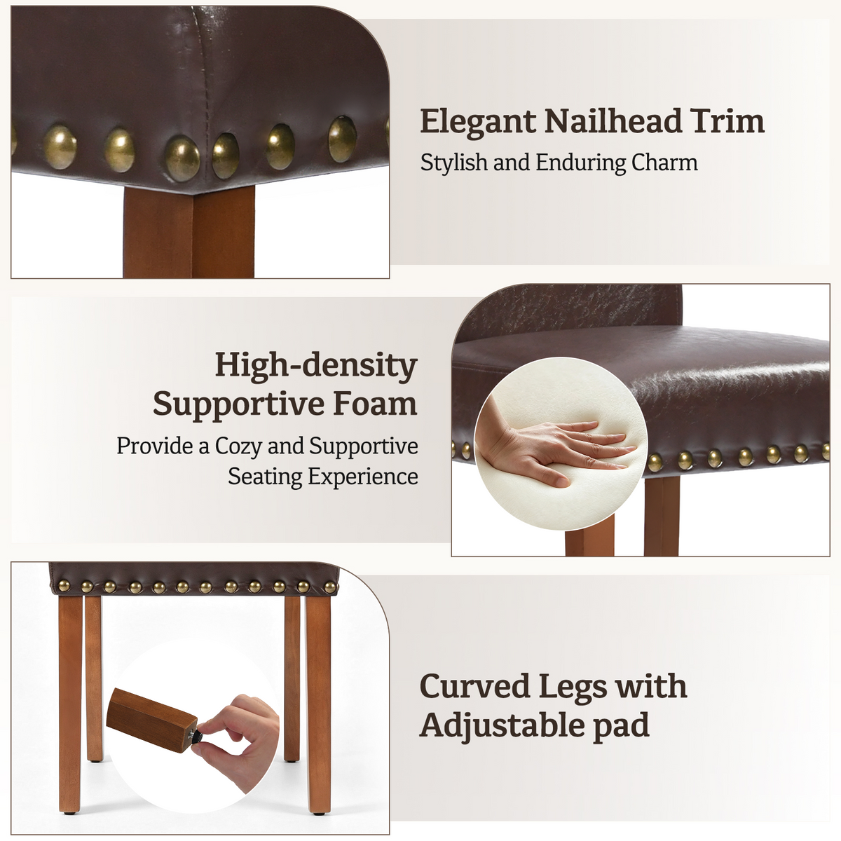 Drlovely Modern High-Back PU Leather Dining Chairs with Nailhead Trim & Walnut Legs