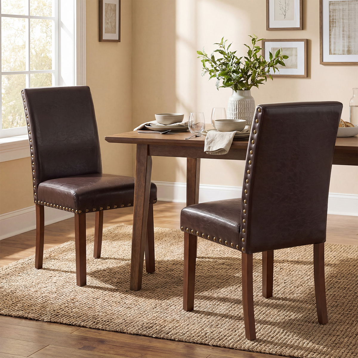 Drlovely Modern High-Back PU Leather Dining Chairs with Nailhead Trim & Walnut Legs