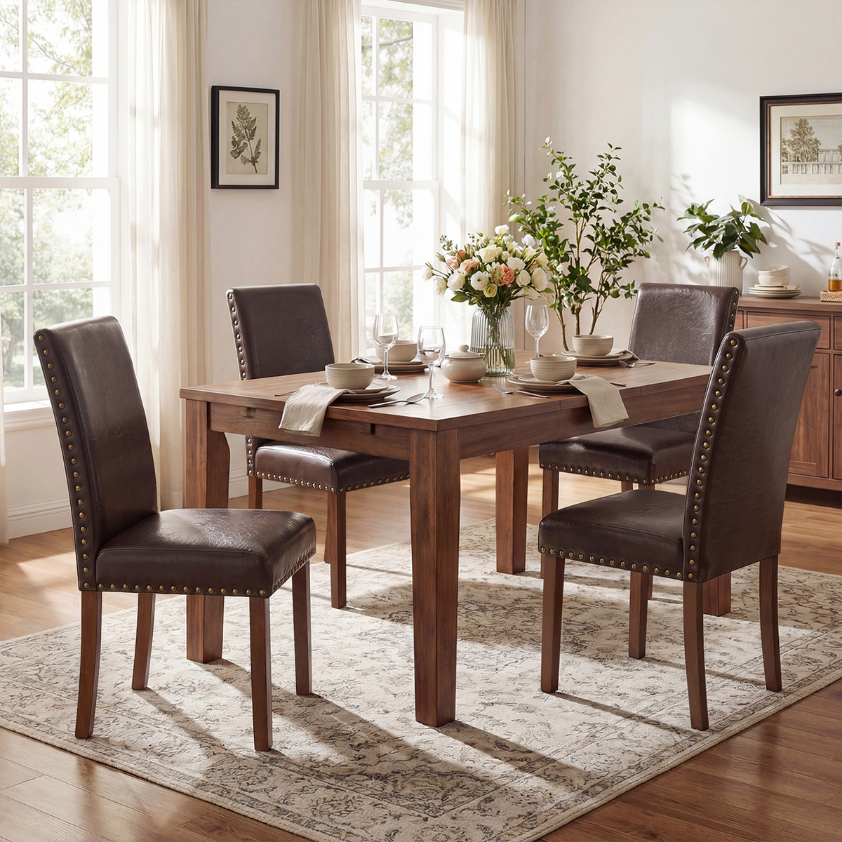 Drlovely Modern High-Back PU Leather Dining Chairs with Nailhead Trim & Walnut Legs
