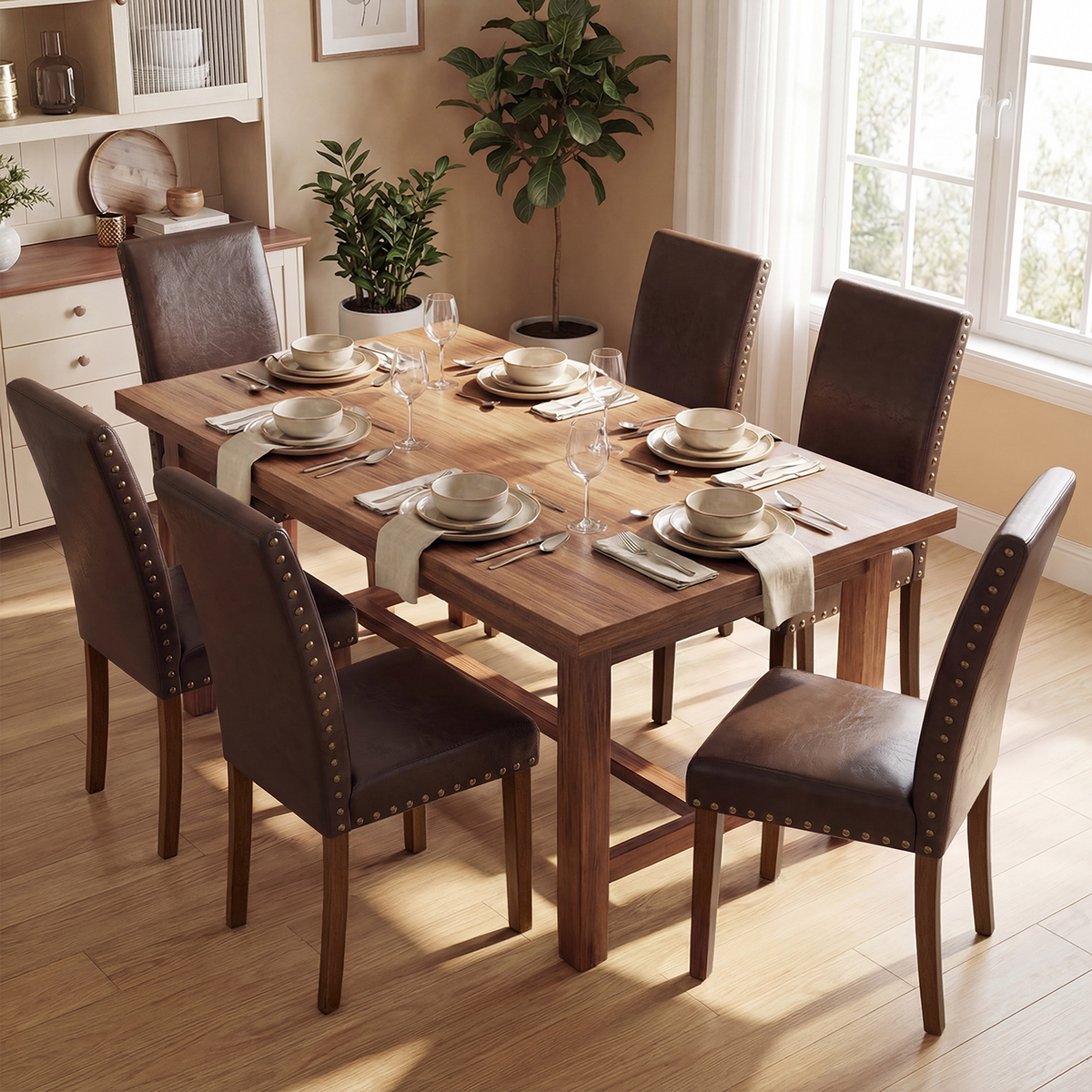 Drlovely Modern High-Back PU Leather Dining Chairs with Nailhead Trim & Walnut Legs