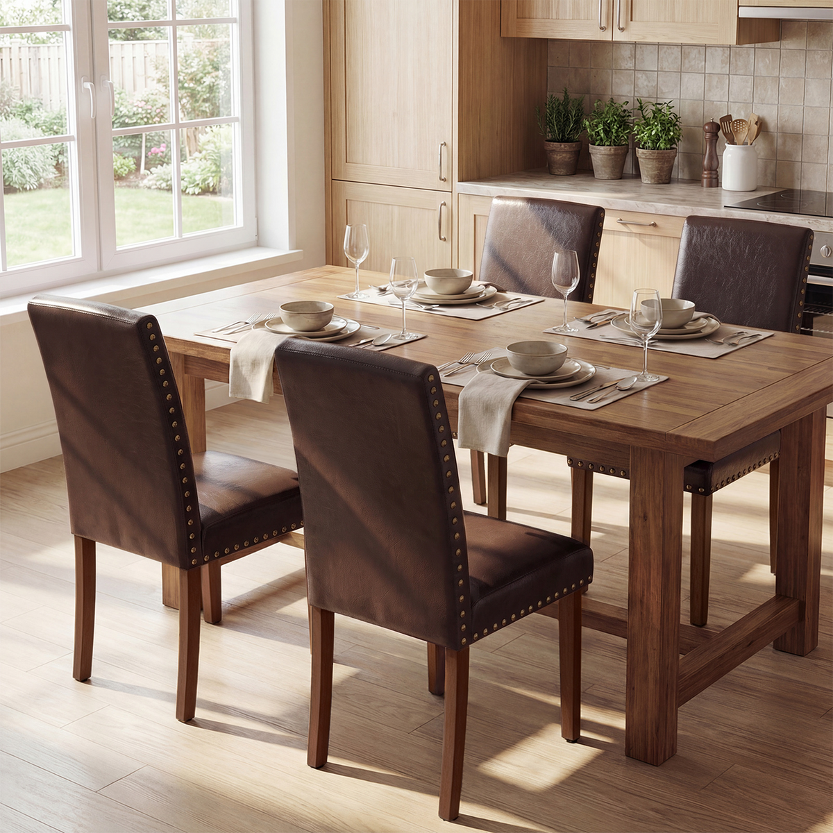 Drlovely Modern High-Back PU Leather Dining Chairs with Nailhead Trim & Walnut Legs