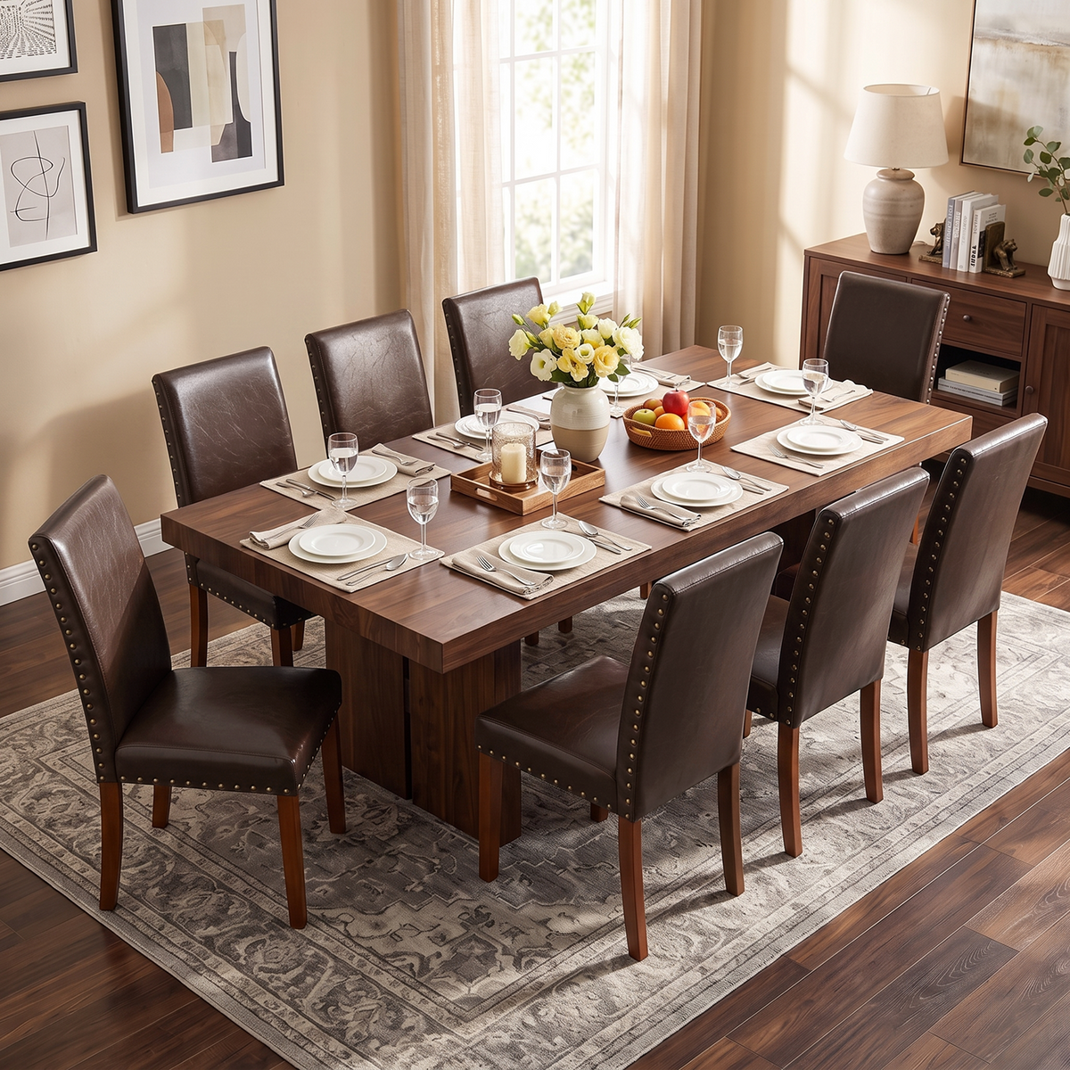 Drlovely Modern High-Back PU Leather Dining Chairs with Nailhead Trim & Walnut Legs