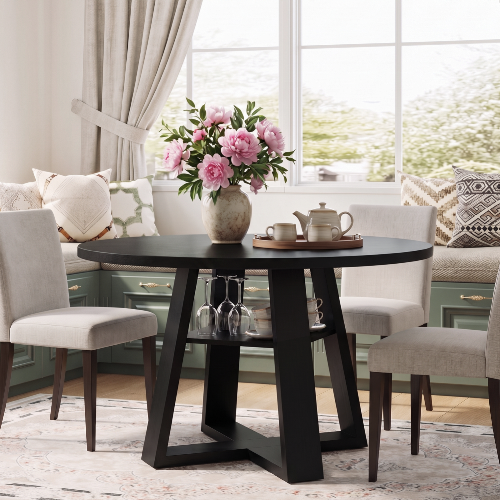 Drlovely Round Dining Table with Lower Storage Shelf & Solid Wood Cross X-Shaped Base