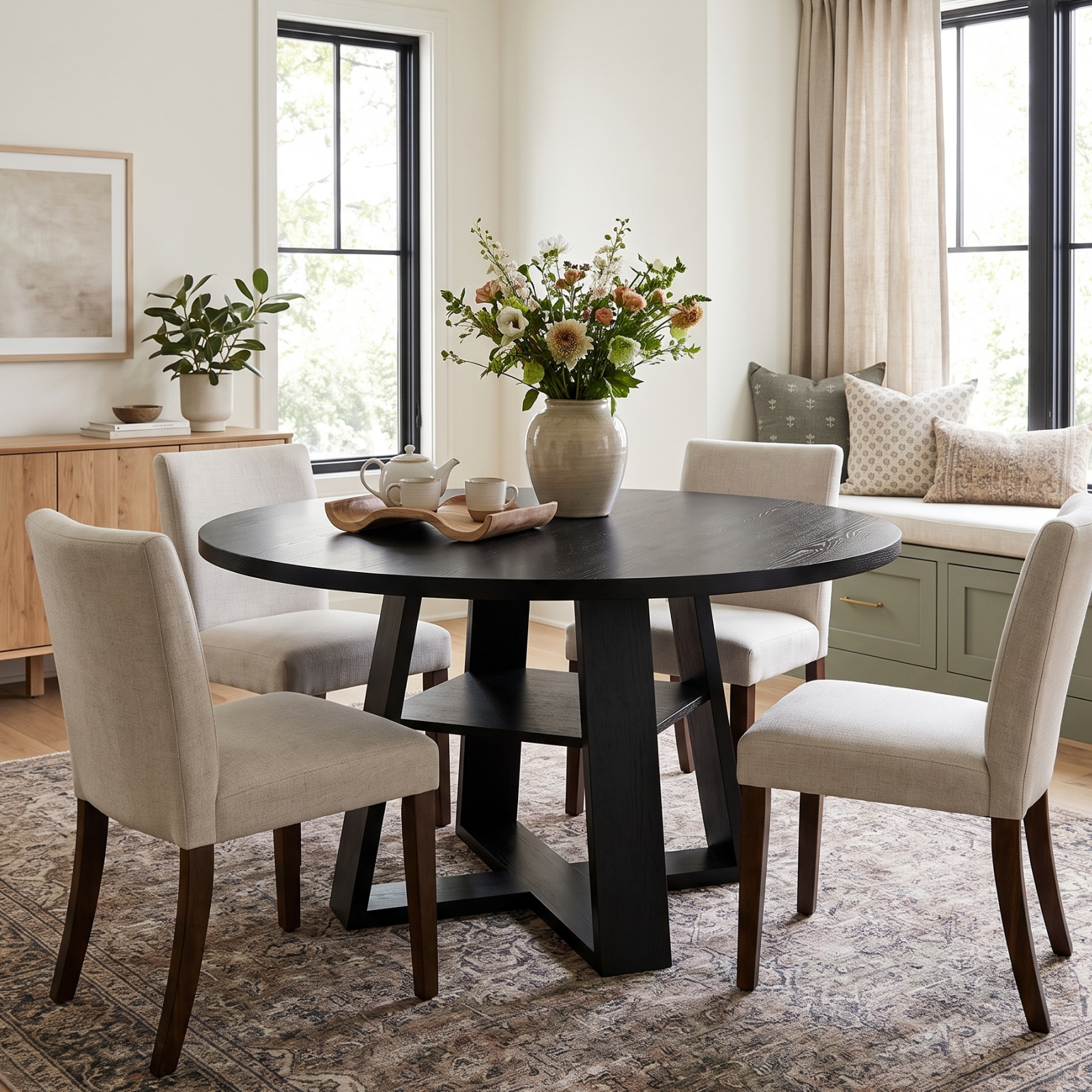 Drlovely Round Dining Table with Lower Storage Shelf & Solid Wood Cross X-Shaped Base