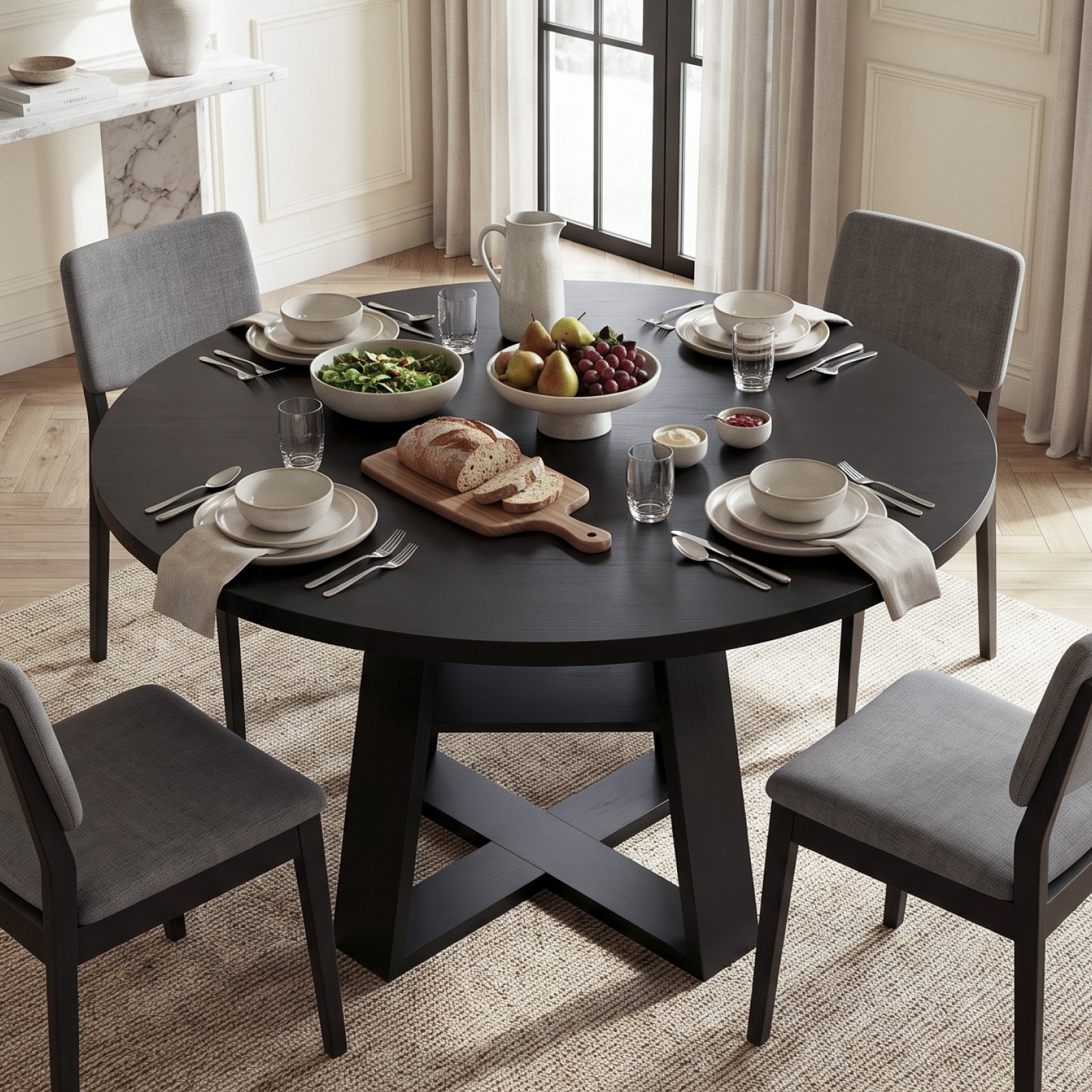 Drlovely Round Dining Table with Lower Storage Shelf & Solid Wood Cross X-Shaped Base