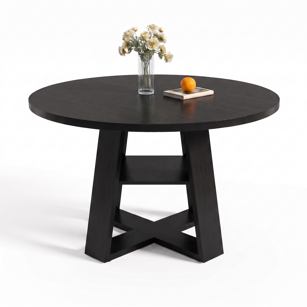 Drlovely Round Dining Table with Lower Storage Shelf & Solid Wood Cross X-Shaped Base