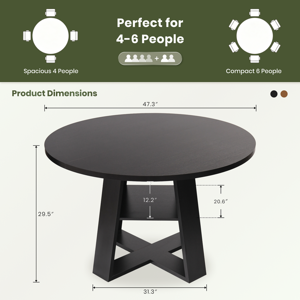 Drlovely Round Dining Table with Lower Storage Shelf & Solid Wood Cross X-Shaped Base