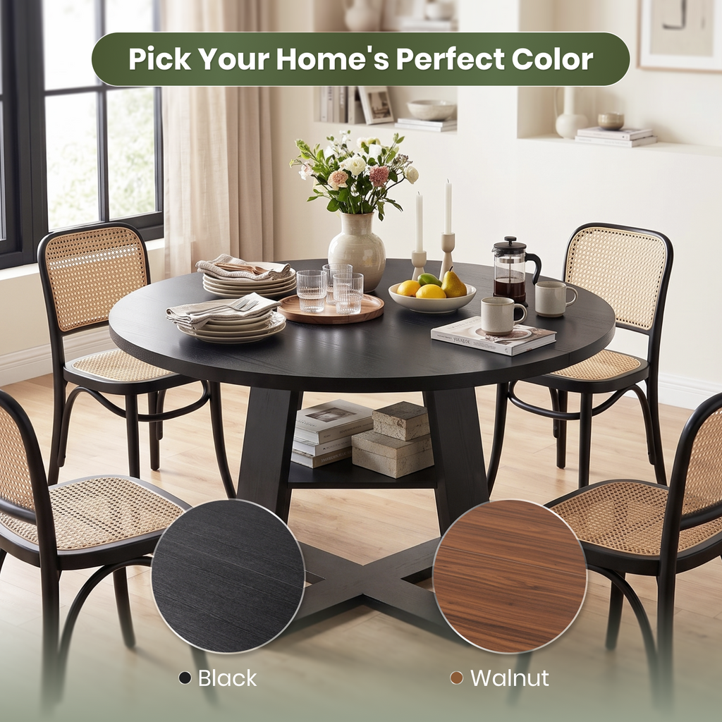 Drlovely Round Dining Table with Lower Storage Shelf & Solid Wood Cross X-Shaped Base