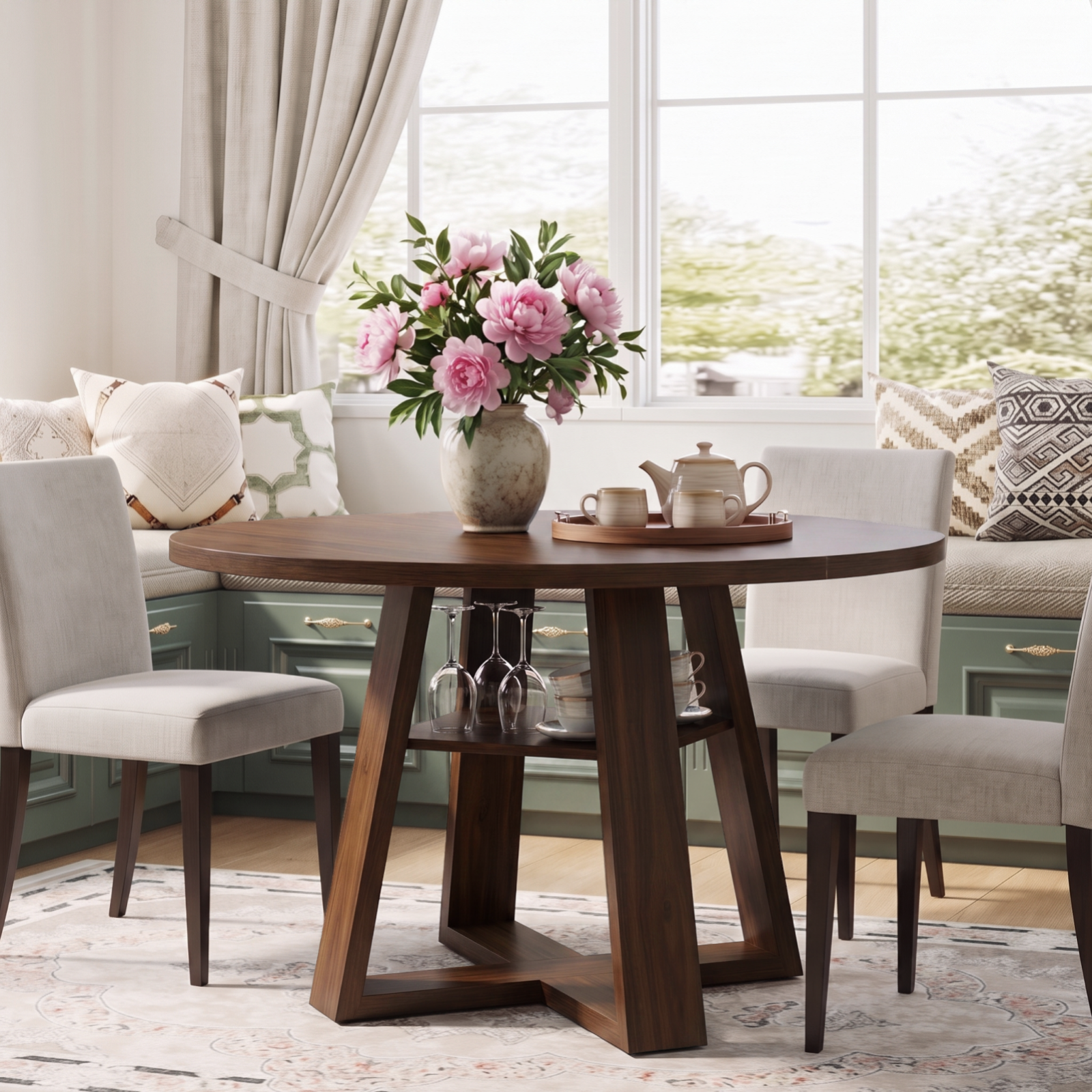 Drlovely Round Dining Table with Lower Storage Shelf & Solid Wood Cross X-Shaped Base