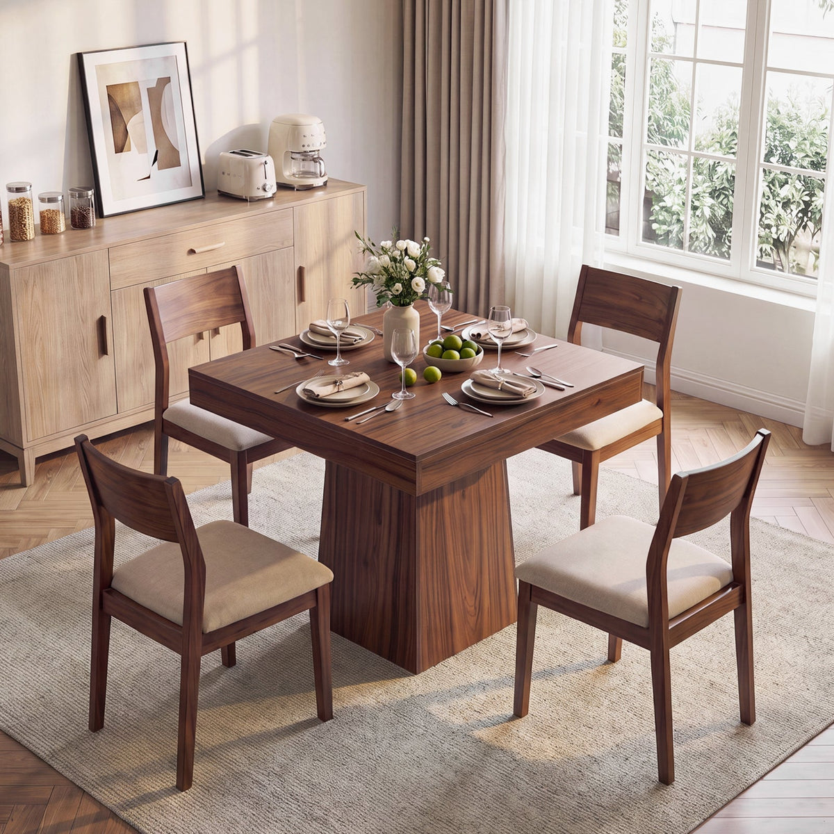 Drlovely Rustic Square Pedestal Waterproof Scratch‑Resistant Wood‑Look Dining Table