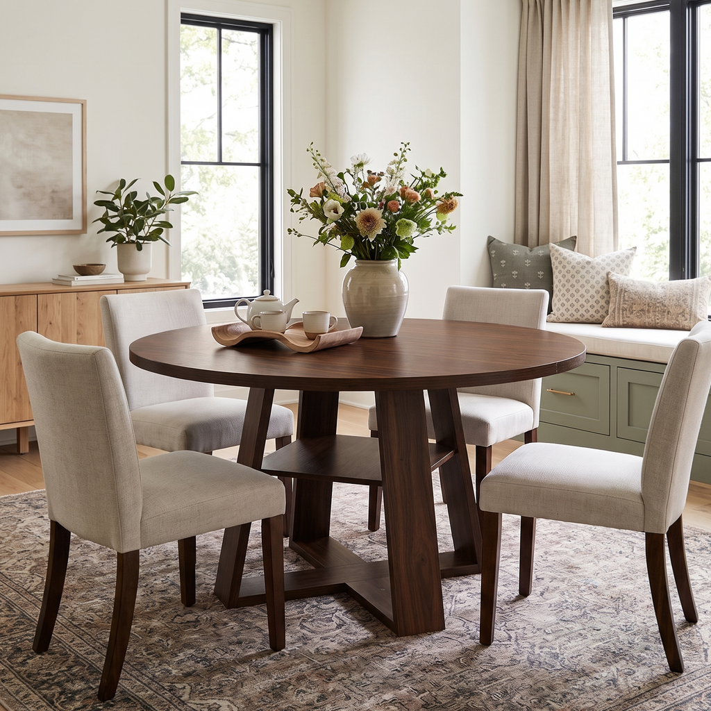 Drlovely Round Dining Table with Lower Storage Shelf & Solid Wood Cross X-Shaped Base