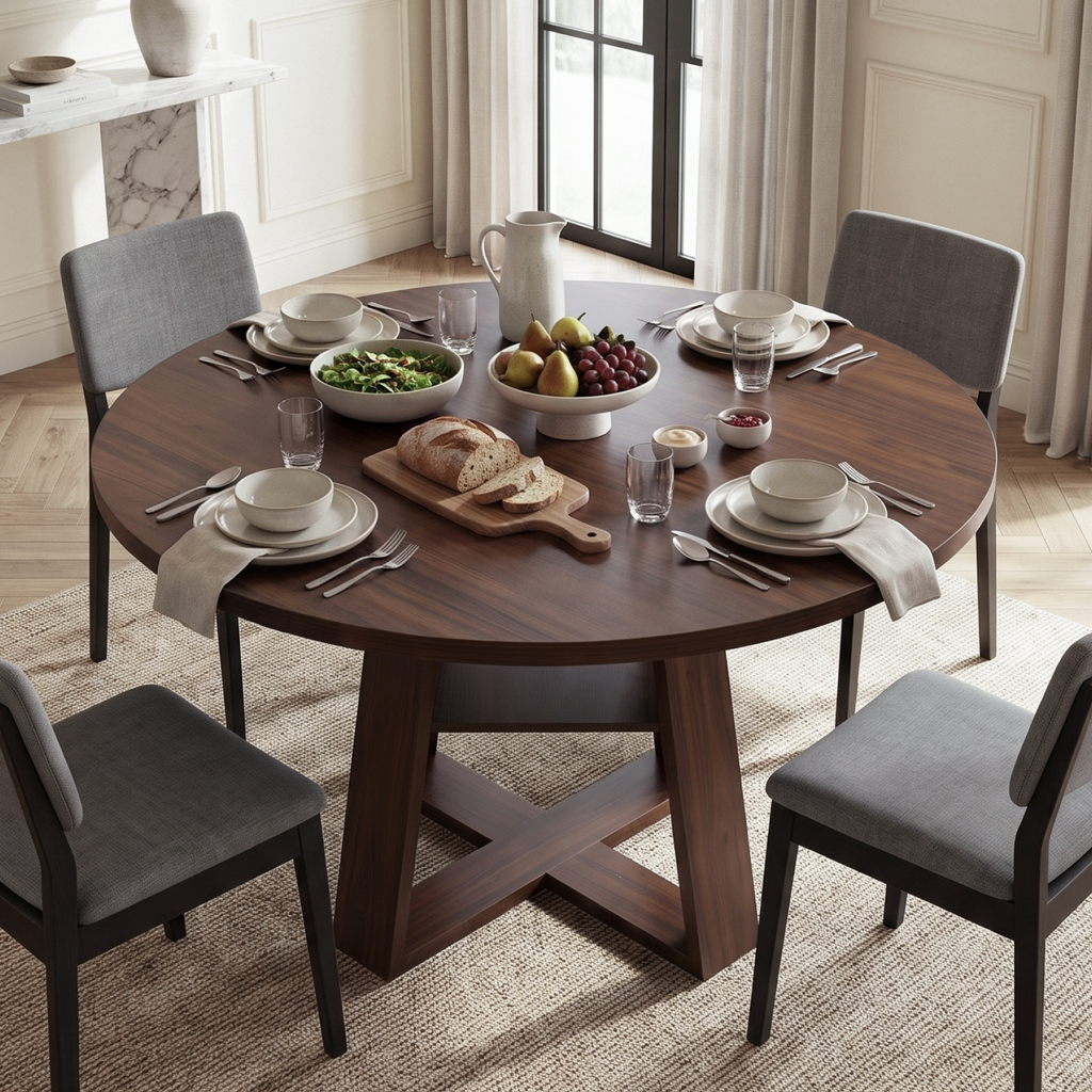 Drlovely Round Dining Table with Lower Storage Shelf & Solid Wood Cross X-Shaped Base