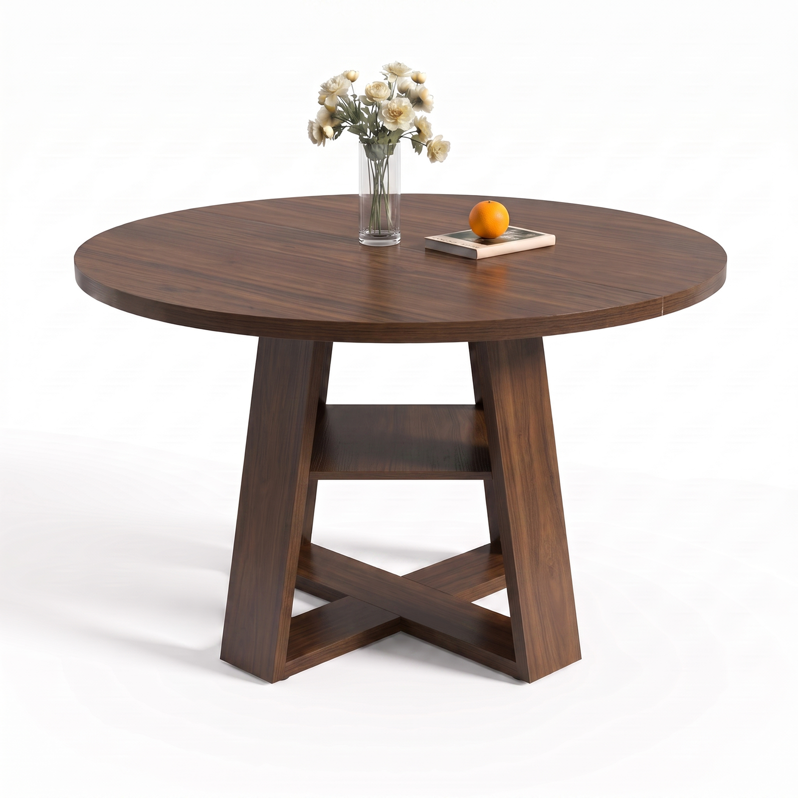 Drlovely Round Dining Table with Lower Storage Shelf & Solid Wood Cross X-Shaped Base
