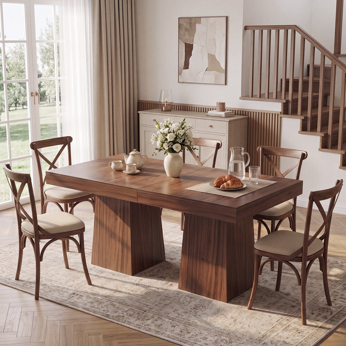 Drlovely Rustic Square Pedestal Waterproof Scratch‑Resistant Wood‑Look Dining Table