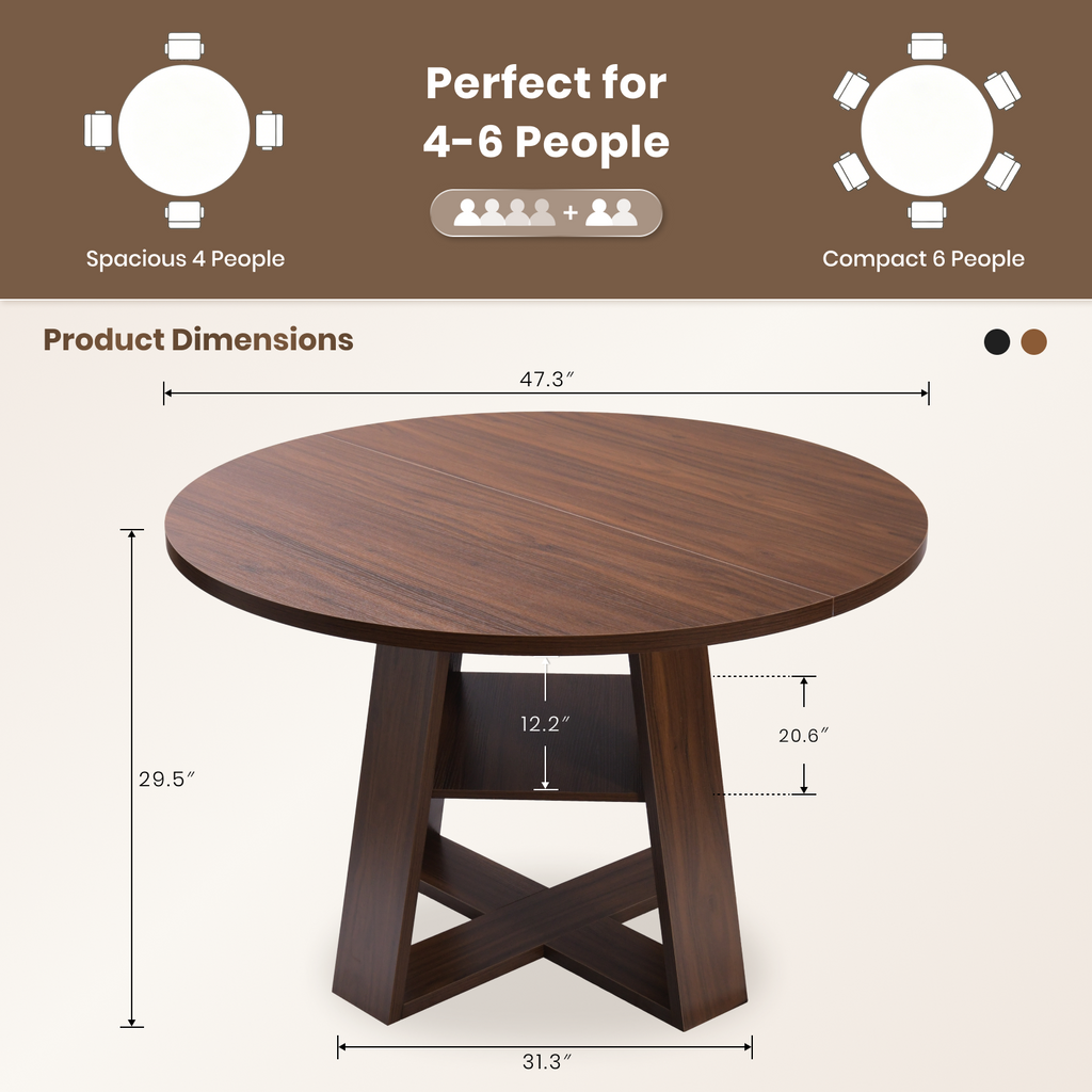 Drlovely Round Dining Table with Lower Storage Shelf & Solid Wood Cross X-Shaped Base