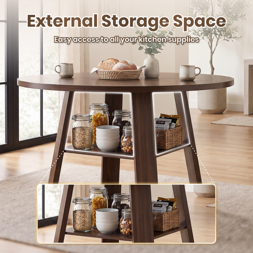 Drlovely Round Dining Table with Lower Storage Shelf & Solid Wood Cross X-Shaped Base