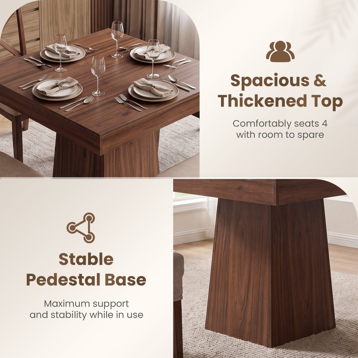 Drlovely Rustic Square Pedestal Waterproof Scratch‑Resistant Wood‑Look Dining Table