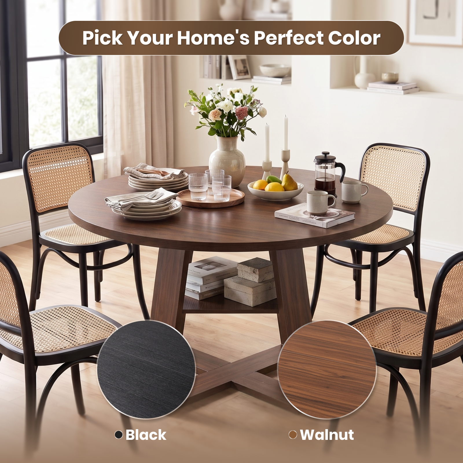 Drlovely Round Dining Table with Lower Storage Shelf & Solid Wood Cross X-Shaped Base