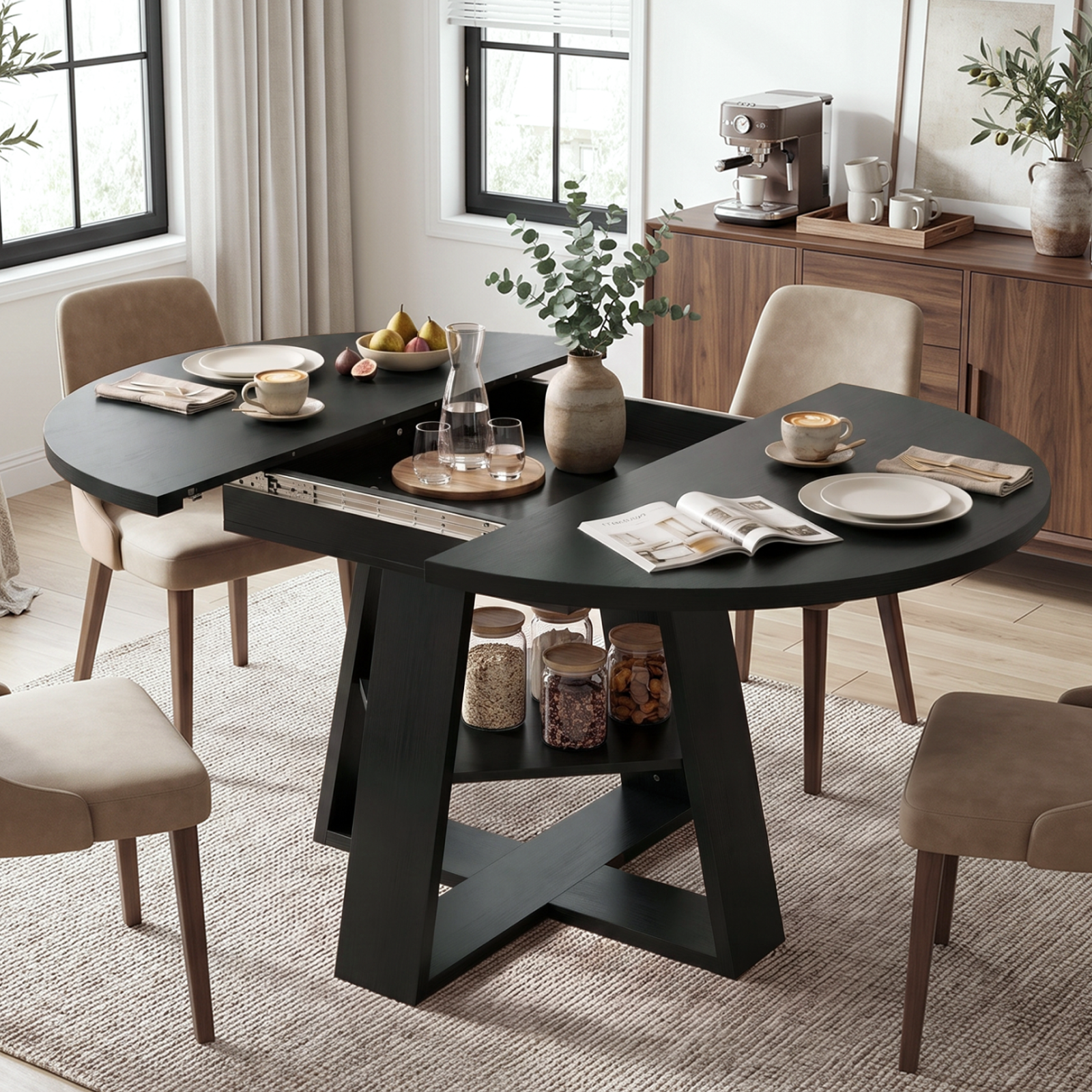 Drlovely Convertible Expandable Round to Oval Dining Tables with Storage Shelf & Stable X Base
