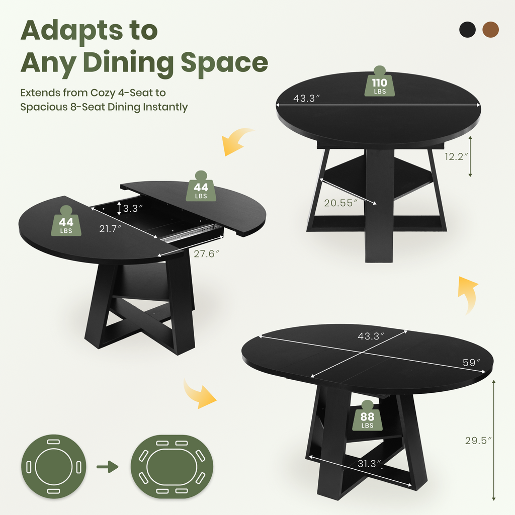 Drlovely Convertible Expandable Round to Oval Dining Tables with Storage Shelf & Stable X Base