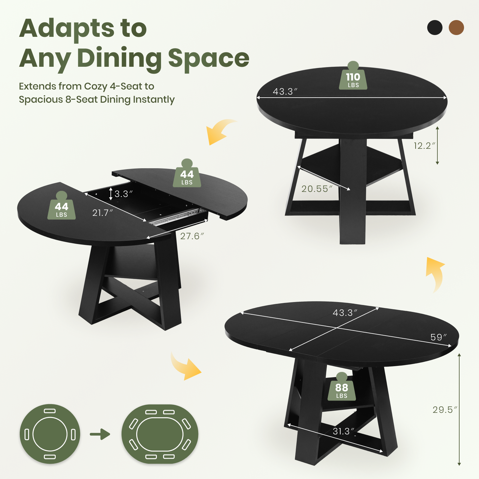 Drlovely Convertible Expandable Round to Oval Dining Tables with Storage Shelf & Stable X Base