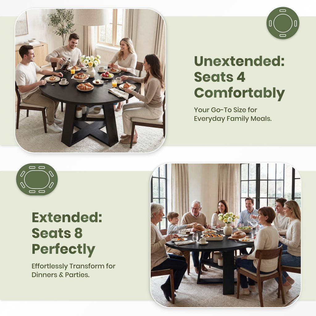 Drlovely Convertible Expandable Round to Oval Dining Tables with Storage Shelf & Stable X Base