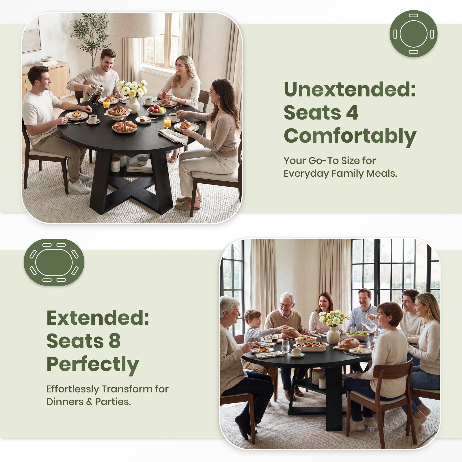 Drlovely Convertible Expandable Round to Oval Dining Tables with Storage Shelf & Stable X Base