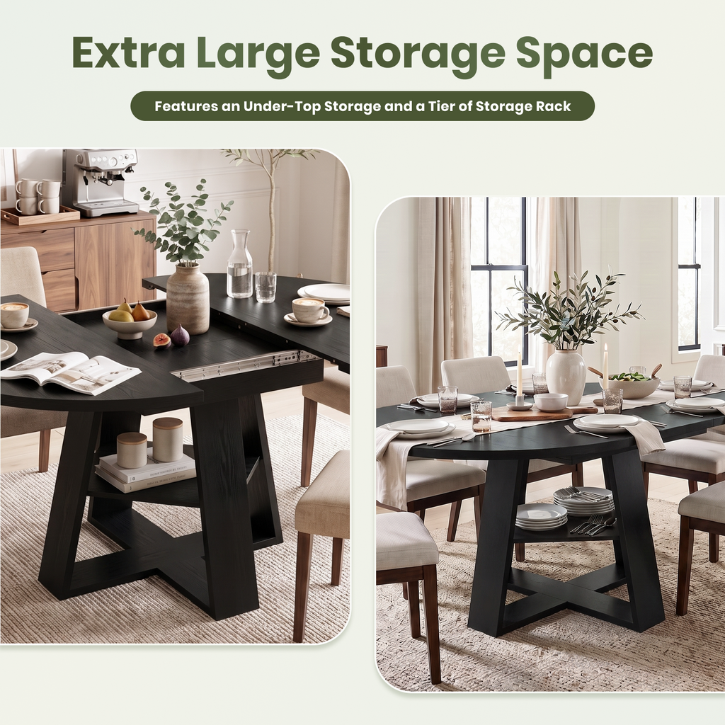 Drlovely Convertible Expandable Round to Oval Dining Tables with Storage Shelf & Stable X Base