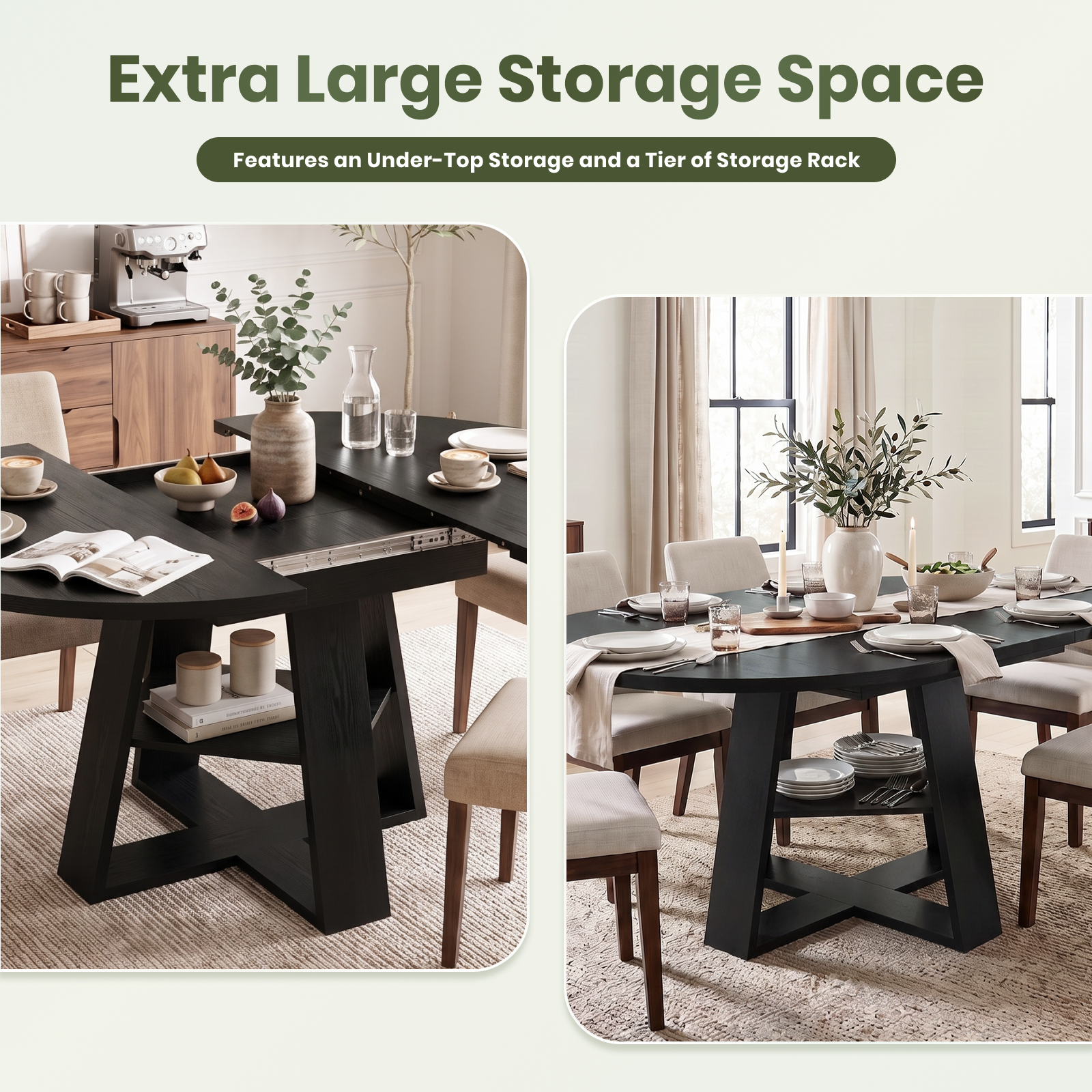 Drlovely Convertible Expandable Round to Oval Dining Tables with Storage Shelf & Stable X Base