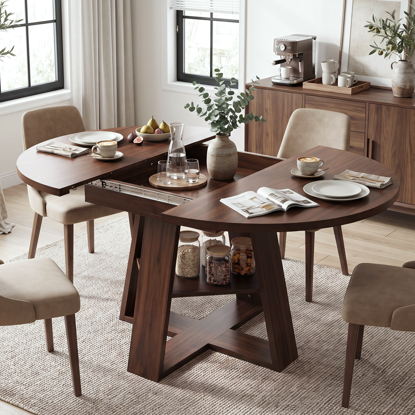 Drlovely Convertible Expandable Round to Oval Dining Tables with Storage Shelf & Stable X Base