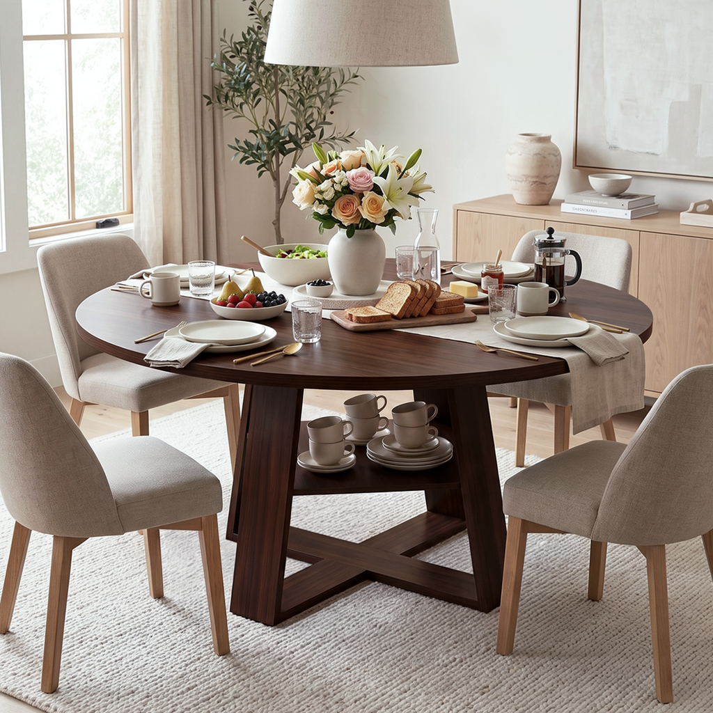 Drlovely Convertible Expandable Round to Oval Dining Tables with Storage Shelf & Stable X Base