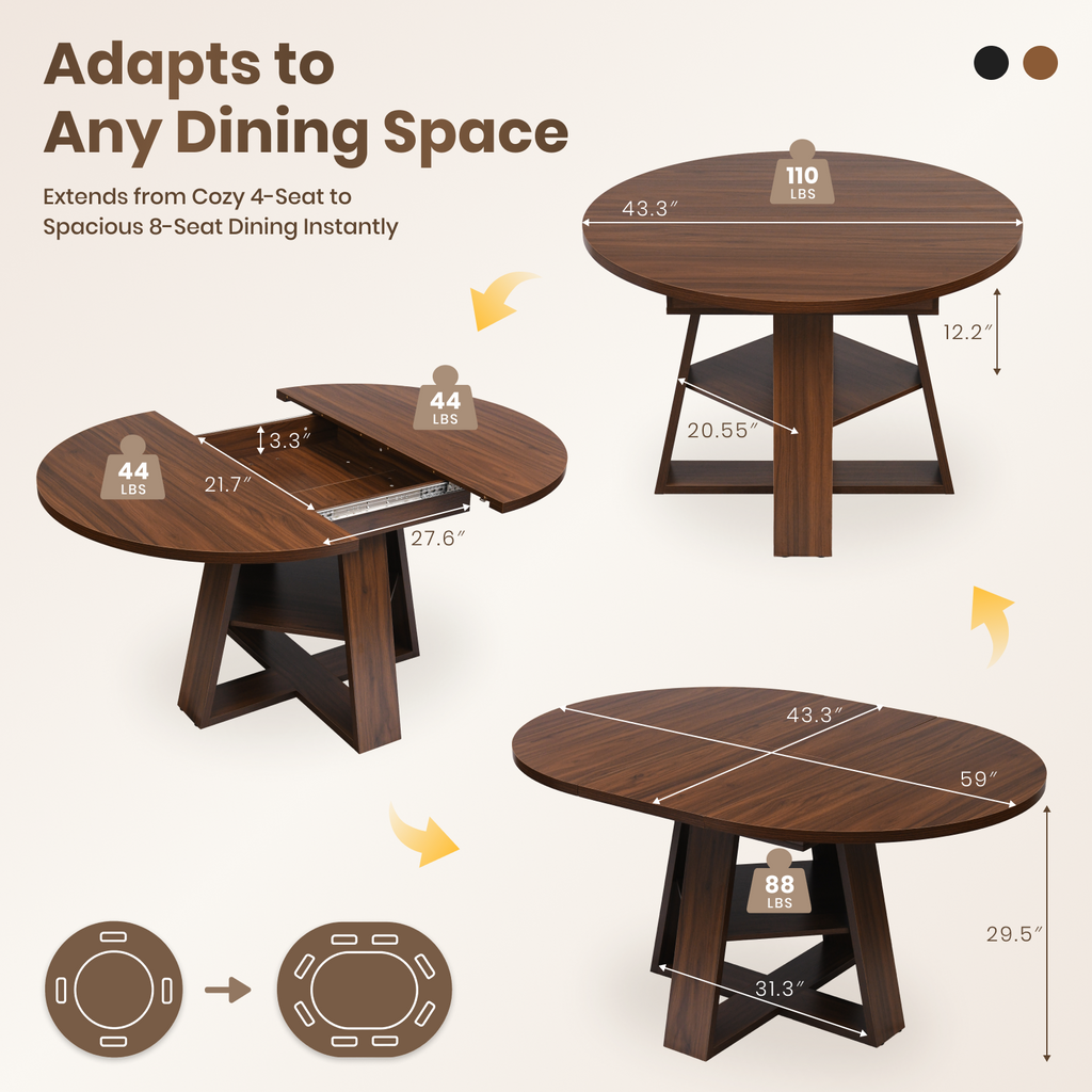 Drlovely Convertible Expandable Round to Oval Dining Tables with Storage Shelf & Stable X Base